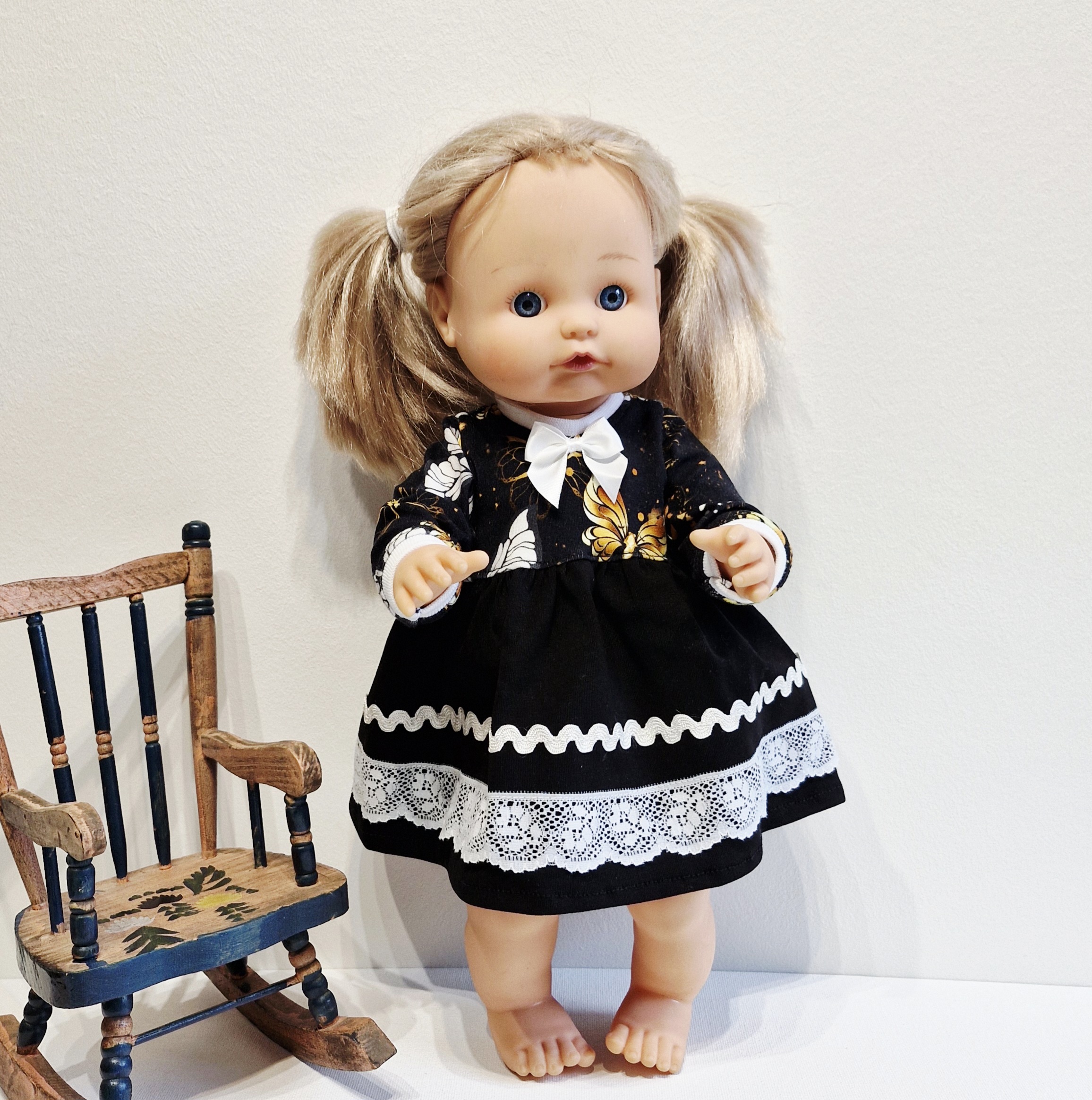Doll clothes for a 38 cm doll: dress and trousers, butterflies, white lace.