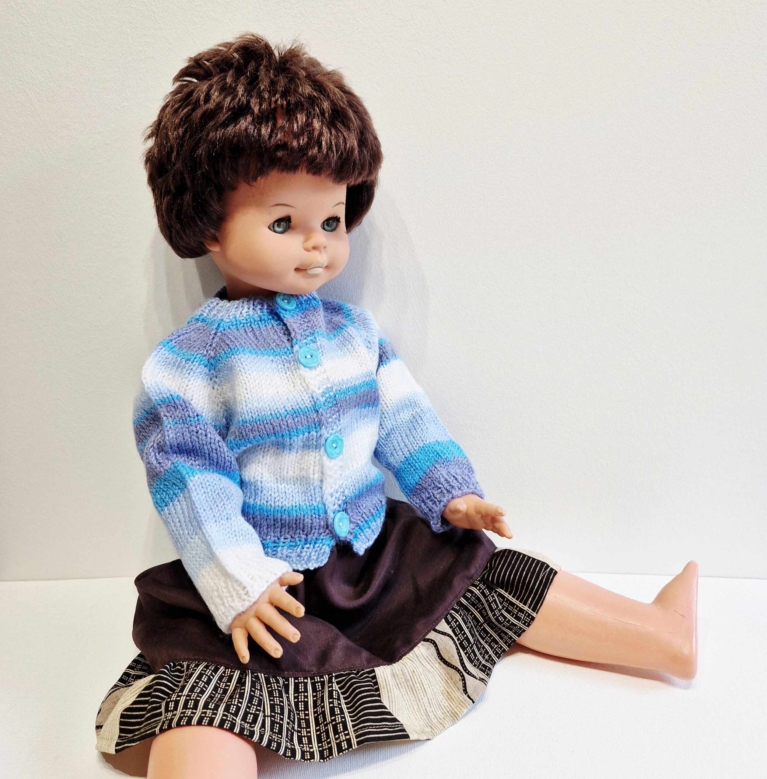 Doll clothes for a 60 cm doll, knitted sweater, blue, blue buttons